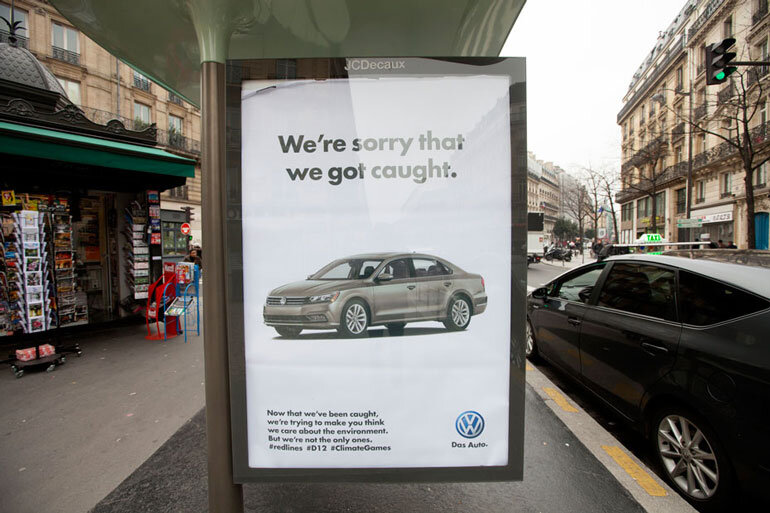 A fake ad installed by the group Brandalism mocks Volkswagen for continuing to greenwash its messaging in the wake of its emissions scandal. Photo: Branbrook/Brandalism