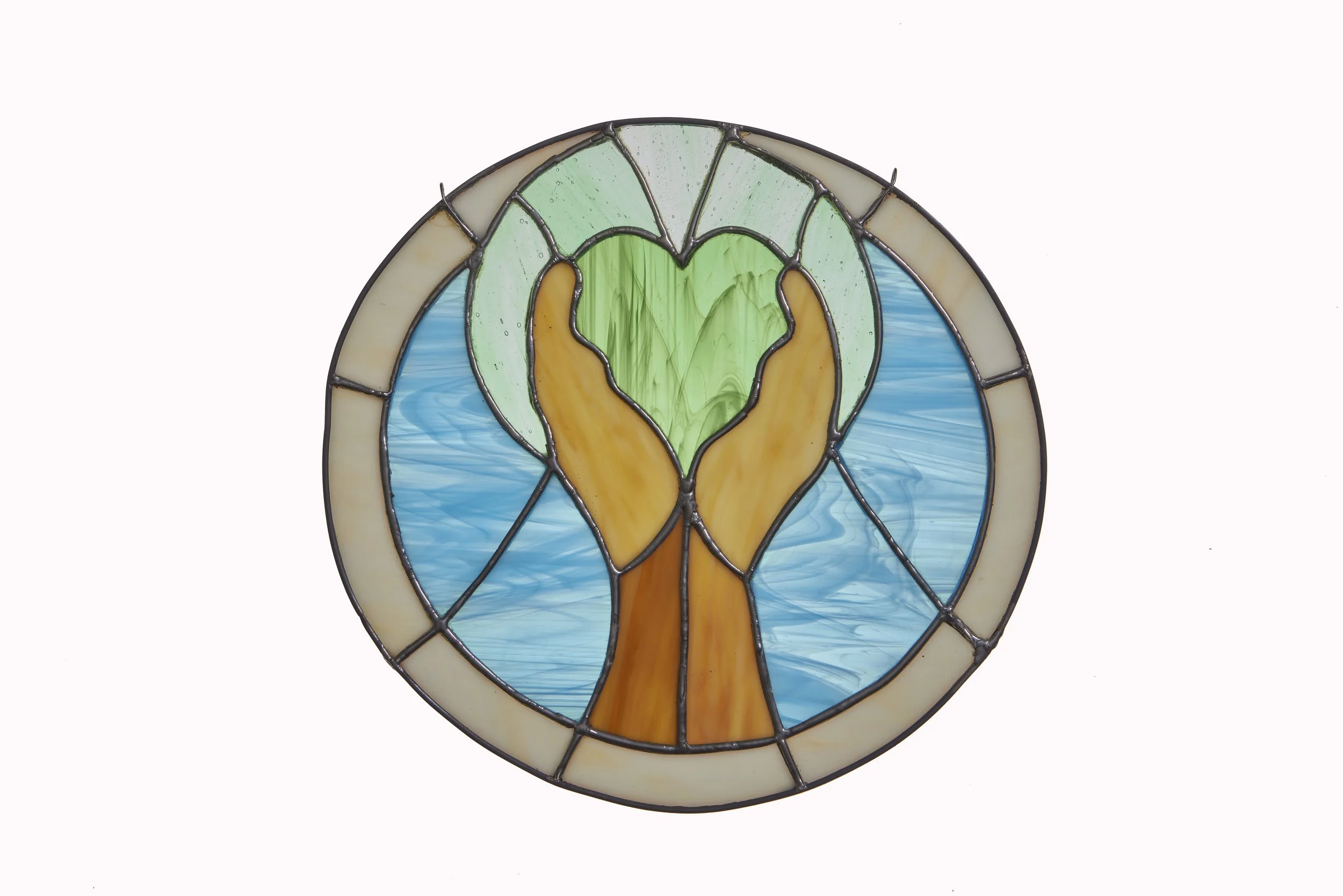 "Heart In Hands" stained glass - 12"