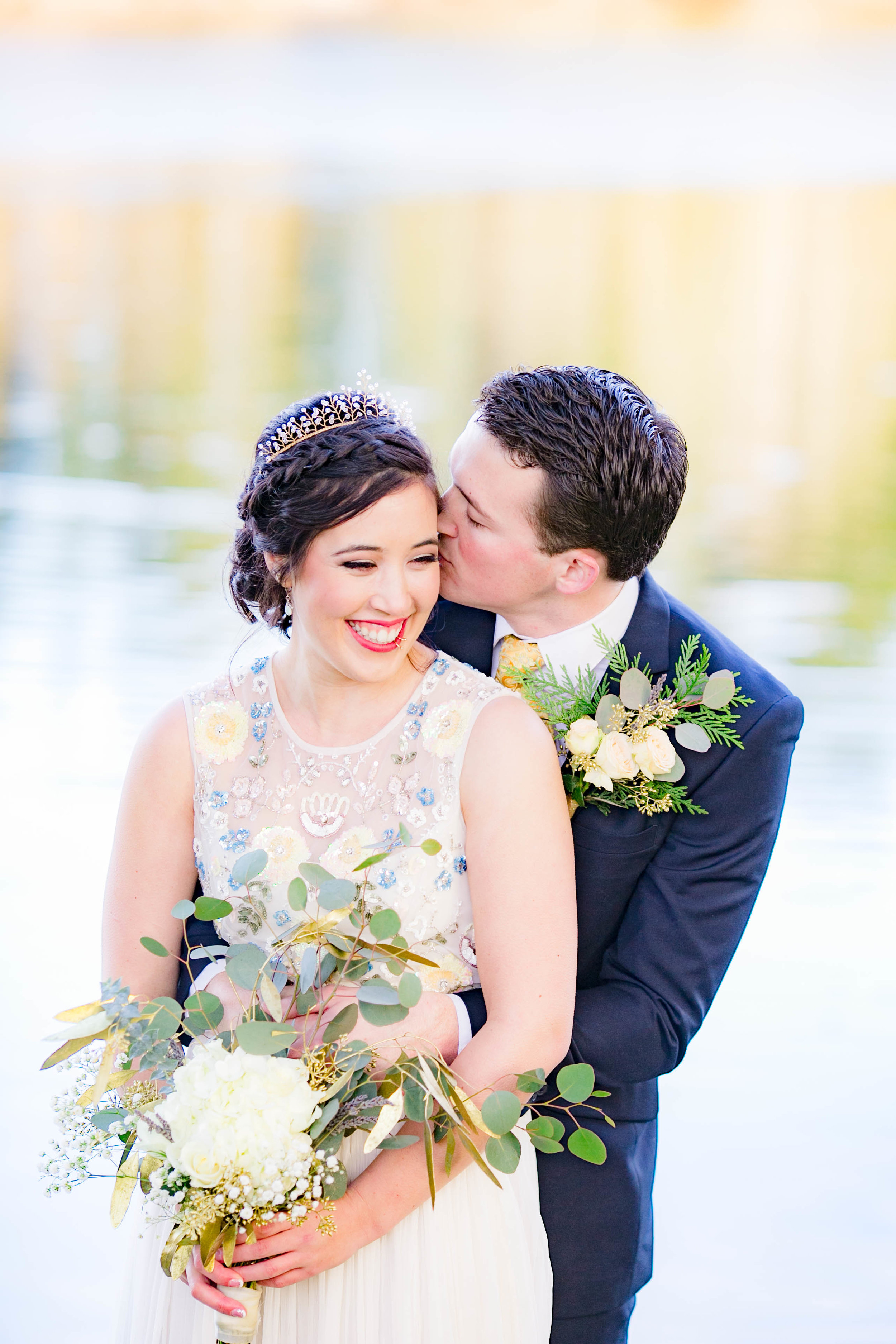 Bride and groom lake portrait, wedding portrait