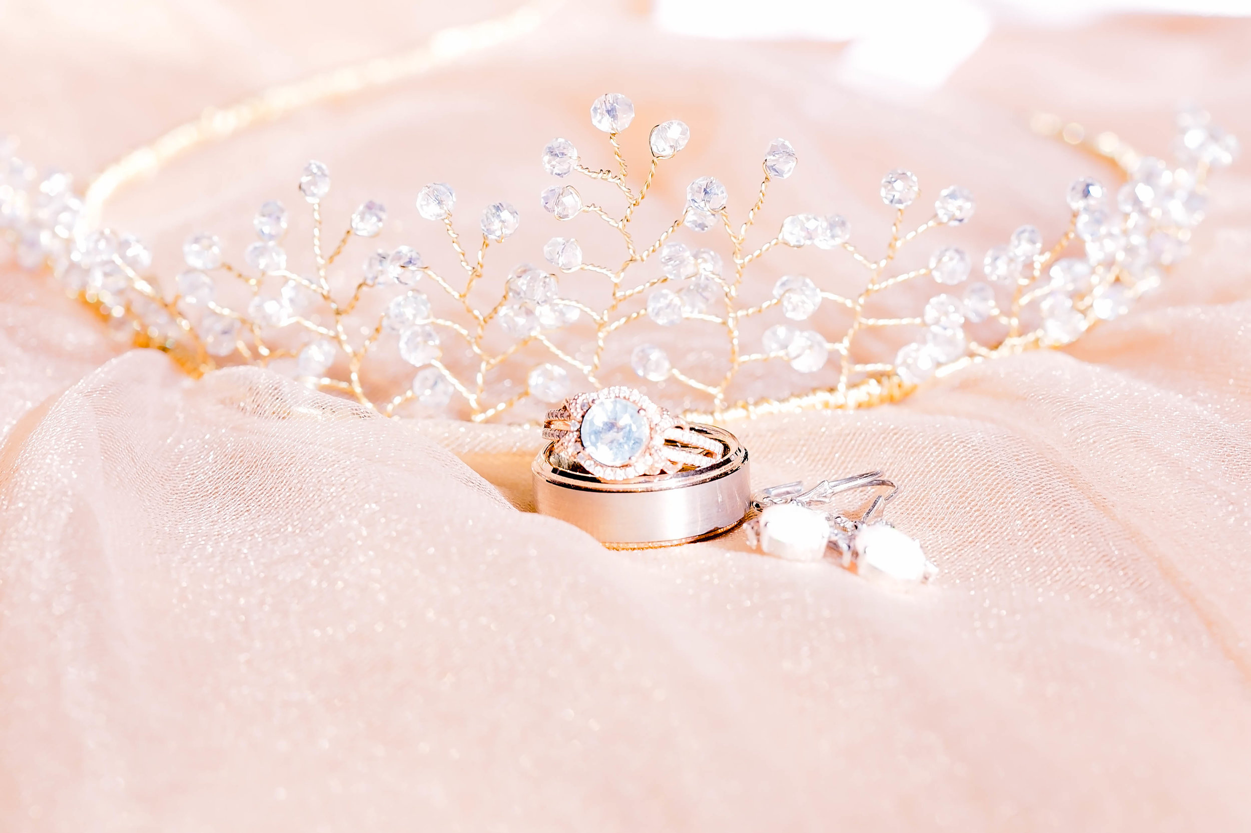 Ring shot, wedding details, bridal tiara