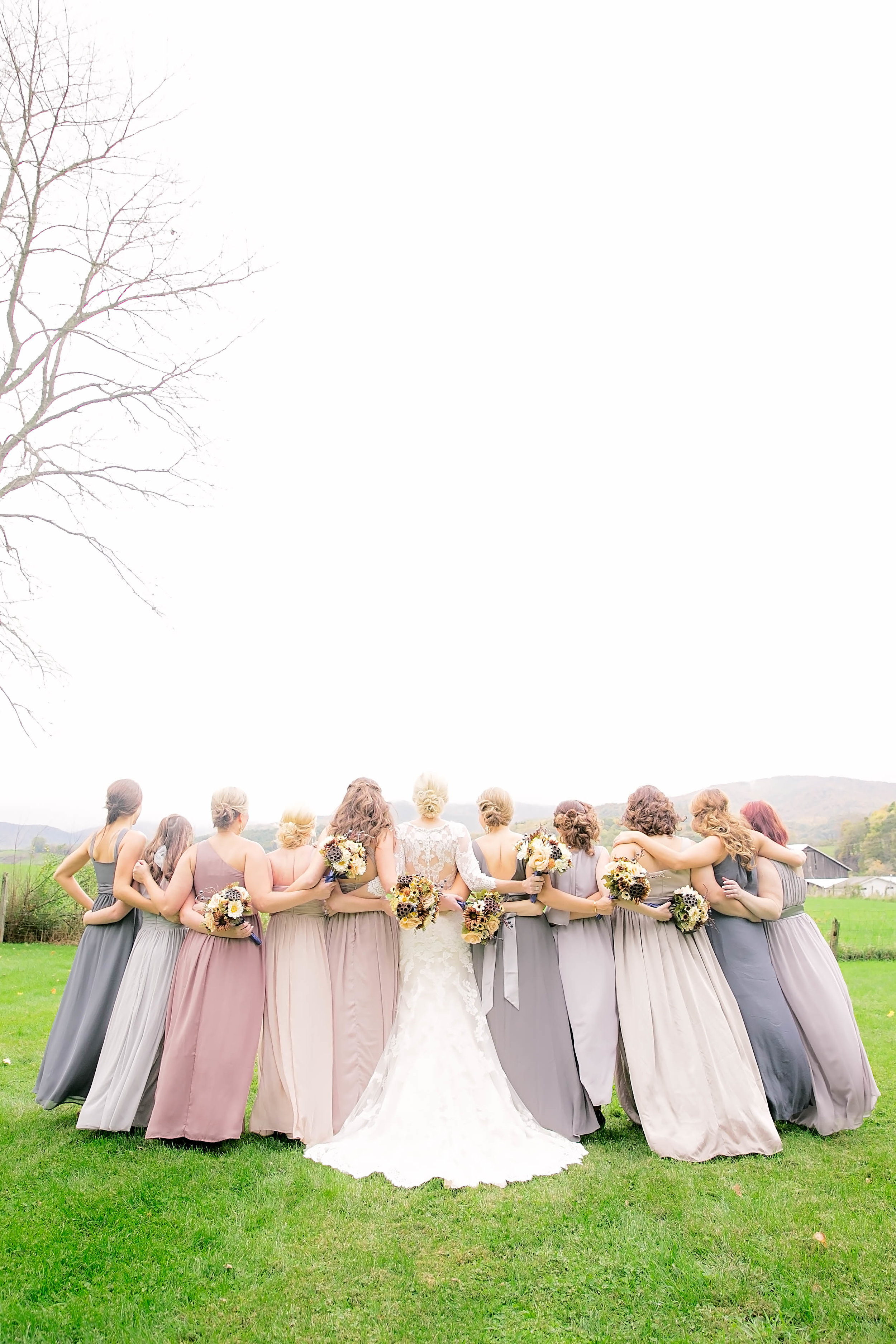 Bridesmaids, bridal party hair, wedding florals, bridesmaids dresses