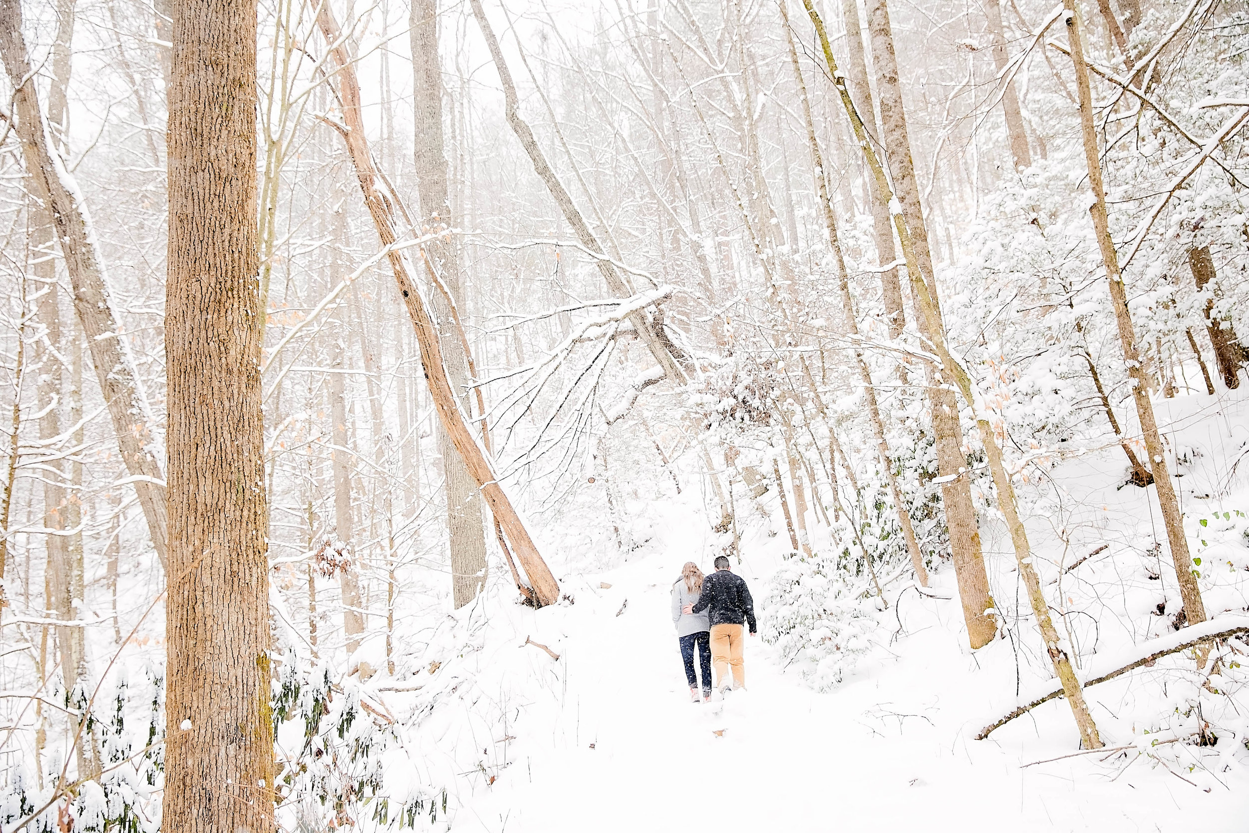 Laurel Falls hiking trail engagement session, romantic hike, East Tennessee snow engagement picture, Tri Cities wedding photography, Johnson City, TN photography, romantic couple in the snow