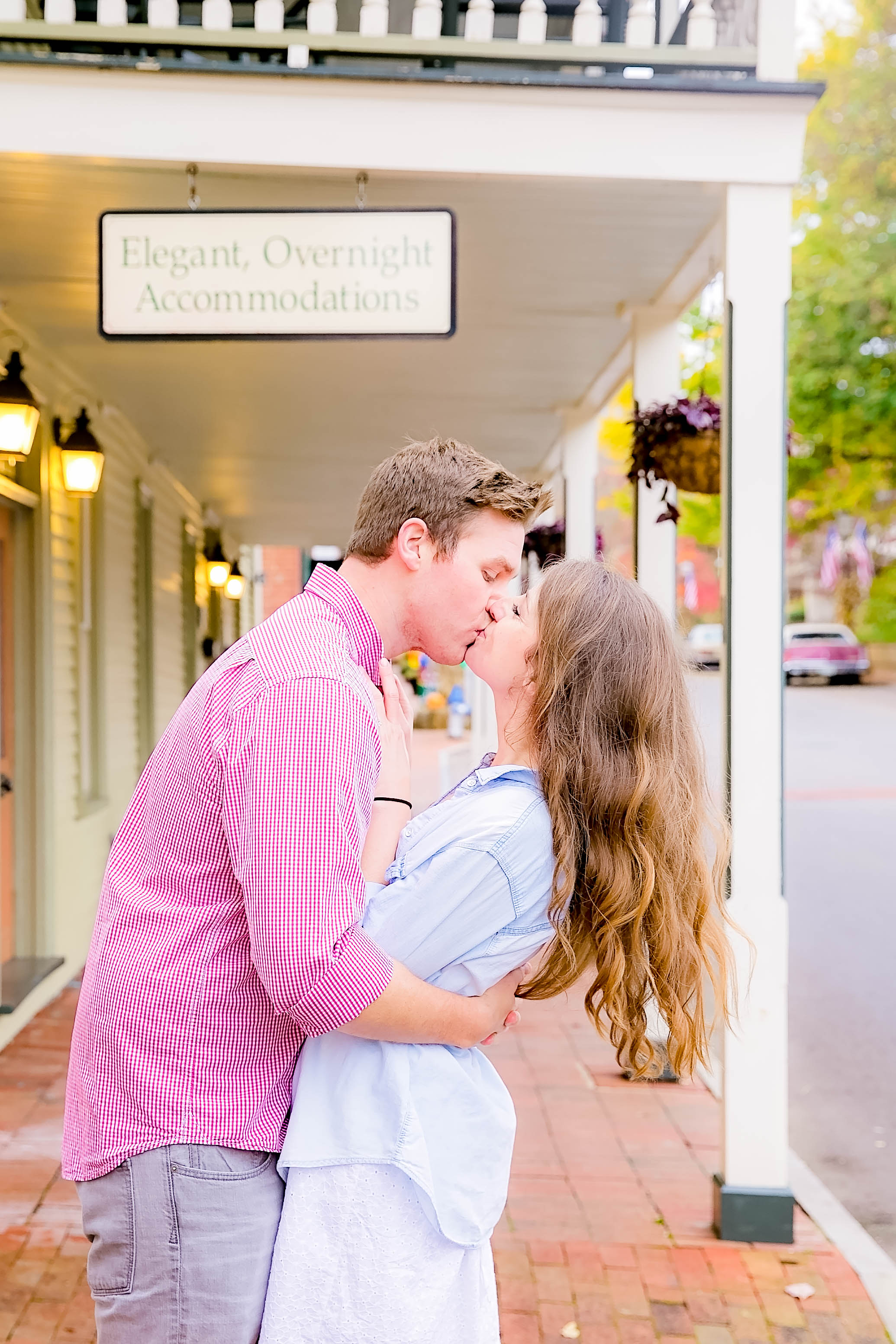 Downtown Jonesborough, TN sunrise engagement, romantic kiss