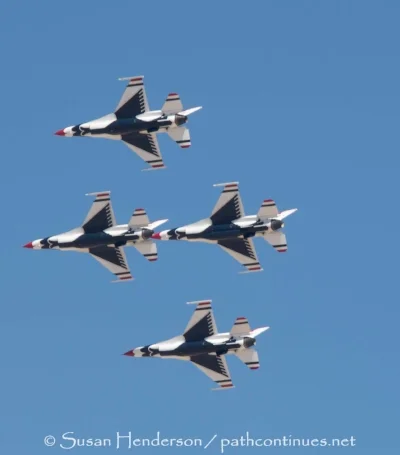 Cresting a hill in Southern NV we saw smoke off in the distance. As we got closer we realized that it wasn't smoke but the "Thunderbirds" practicing outside Nellis Air Force Base. We pulled over and had a private air show. 
