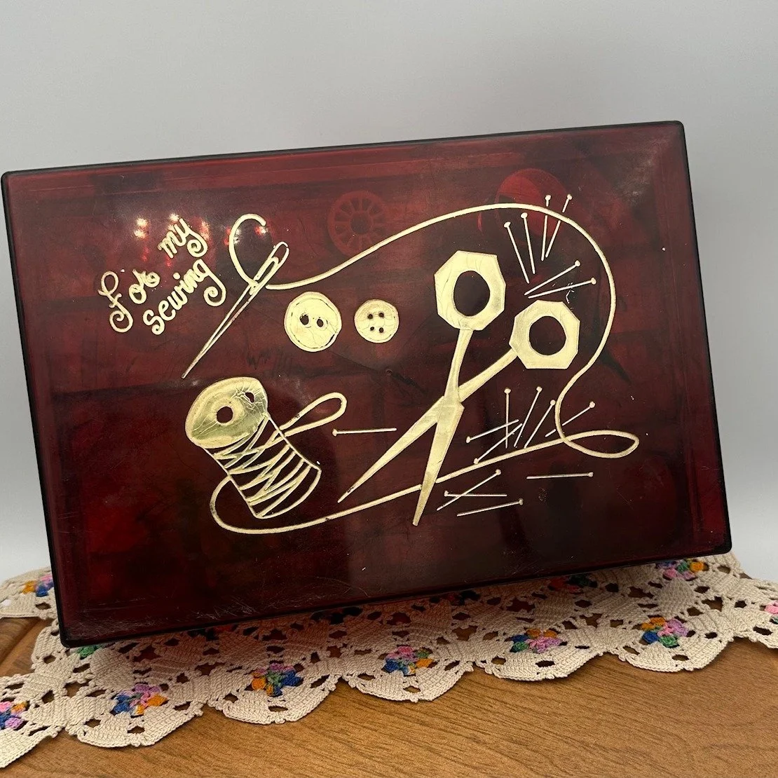 Vintage 1950s "For My Sewing" Gold-embossed acrylic/Lucite sewing box featuring a beautiful faux tortoiseshell pattern. The box includes a removable tray designed to hold spools, pins, buttons, or other small items. When it was purchased, a