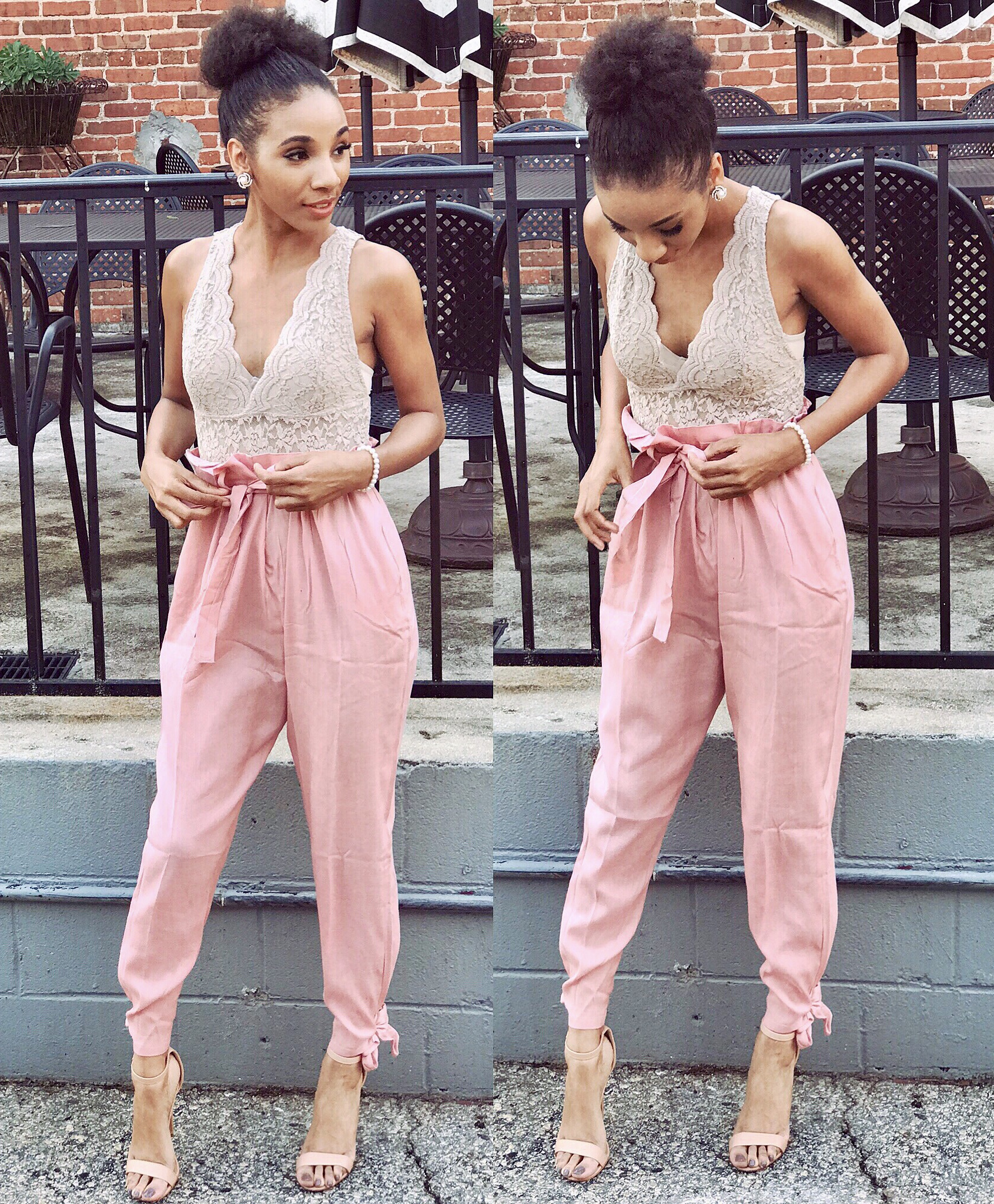 Baby Pink Woven Pants - Rainbow Tan Laced V-Neck Bodysuit - Rainbow Nude Ankle Strap Heels- Charlotte Russe