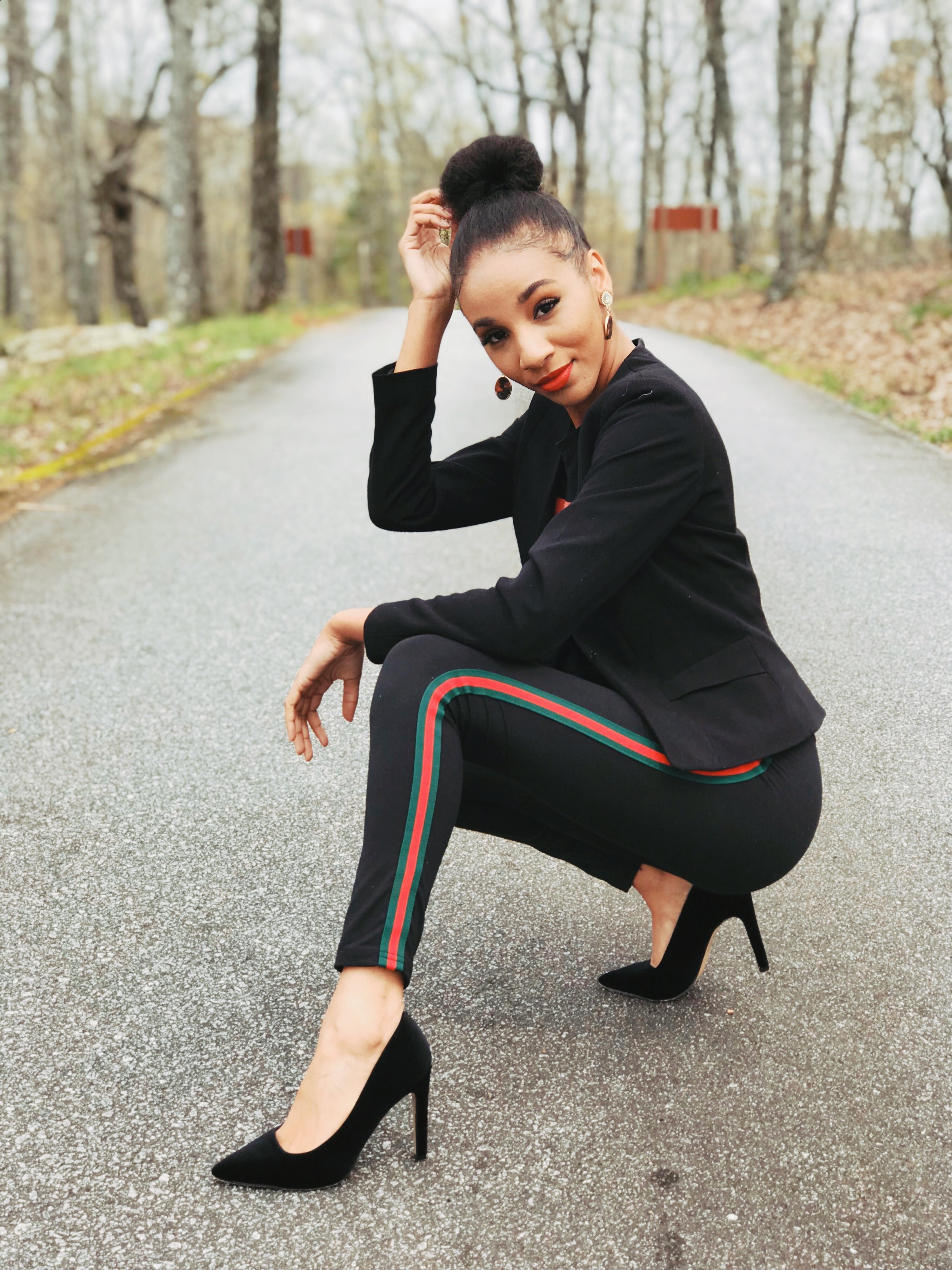 Leggings - Dillards Black Blazer- H&M Black heels- Forever 21 Logo Top - Forever 21