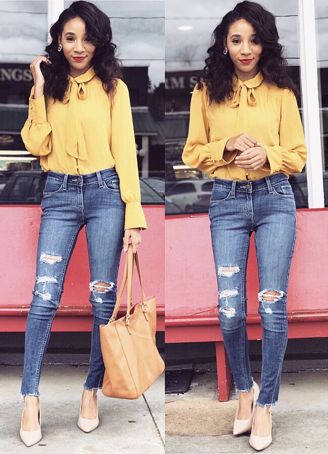 Ripped Levi Jeans- Dillard’s Blu Pepper Mustard Yellow Collared Blouse - Dillard’s Nude heels - Payless Shoes Handbag - Charming Charlie