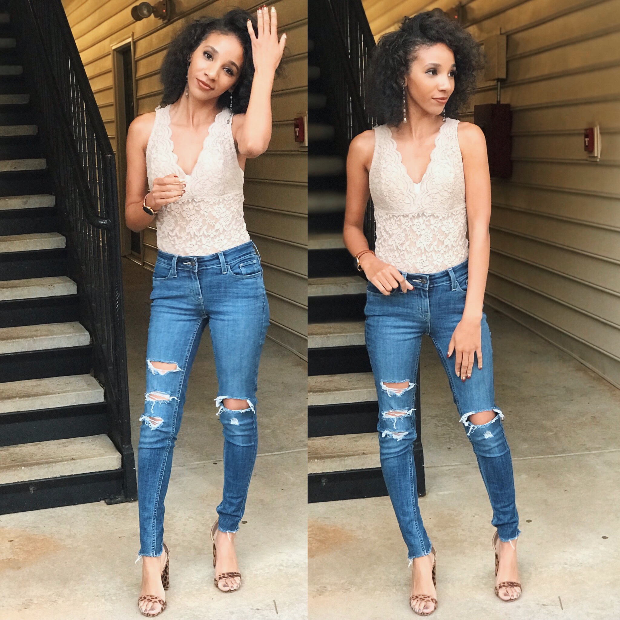 Ripped Levi Jeans:Dillard’s Tan Laced V-neck Bodysuit: Rainbow Cheetah Print Ankle Strapped Heels: Rue 21