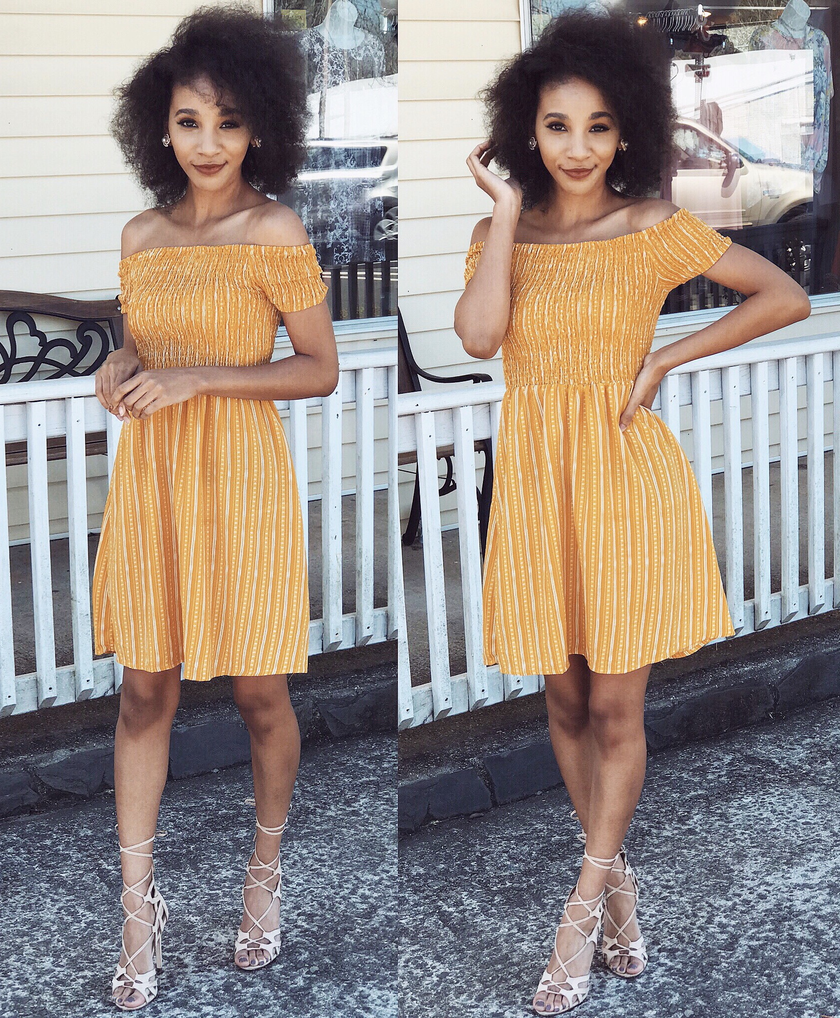 Mustard yellow and white striped, off-the-shoulder dress: Rue 21 Heels: Charlotte Russe