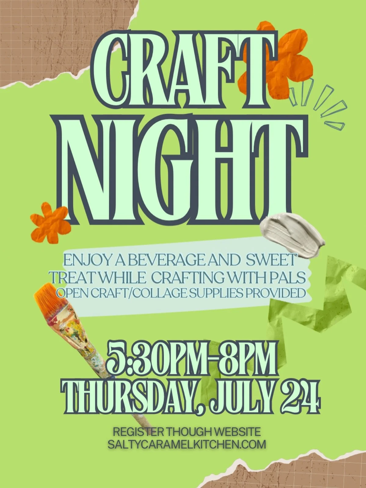 Round 3! ✂️🍎☕️🎨🫟
Join us Thursday July 24th for craft night! This one will be similar to our first, with a focus on collaging, but feel free to bring your own junk journal, scrapbook or something to paint! 

We really just love to create a space y