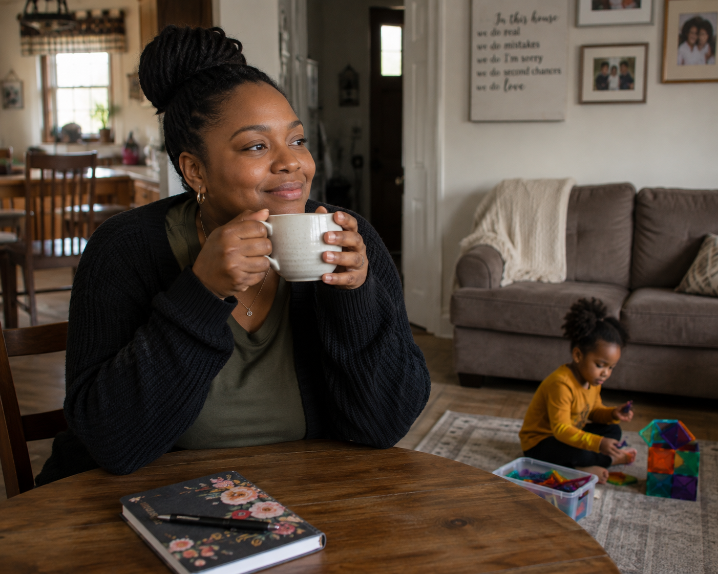 woman enjoying coffee at home while a young child plays nearby, representing family wellbeing and support