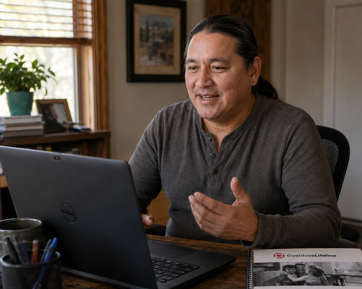 “Man participating in a virtual CRAFT family support session from home with his workbook nearby.”