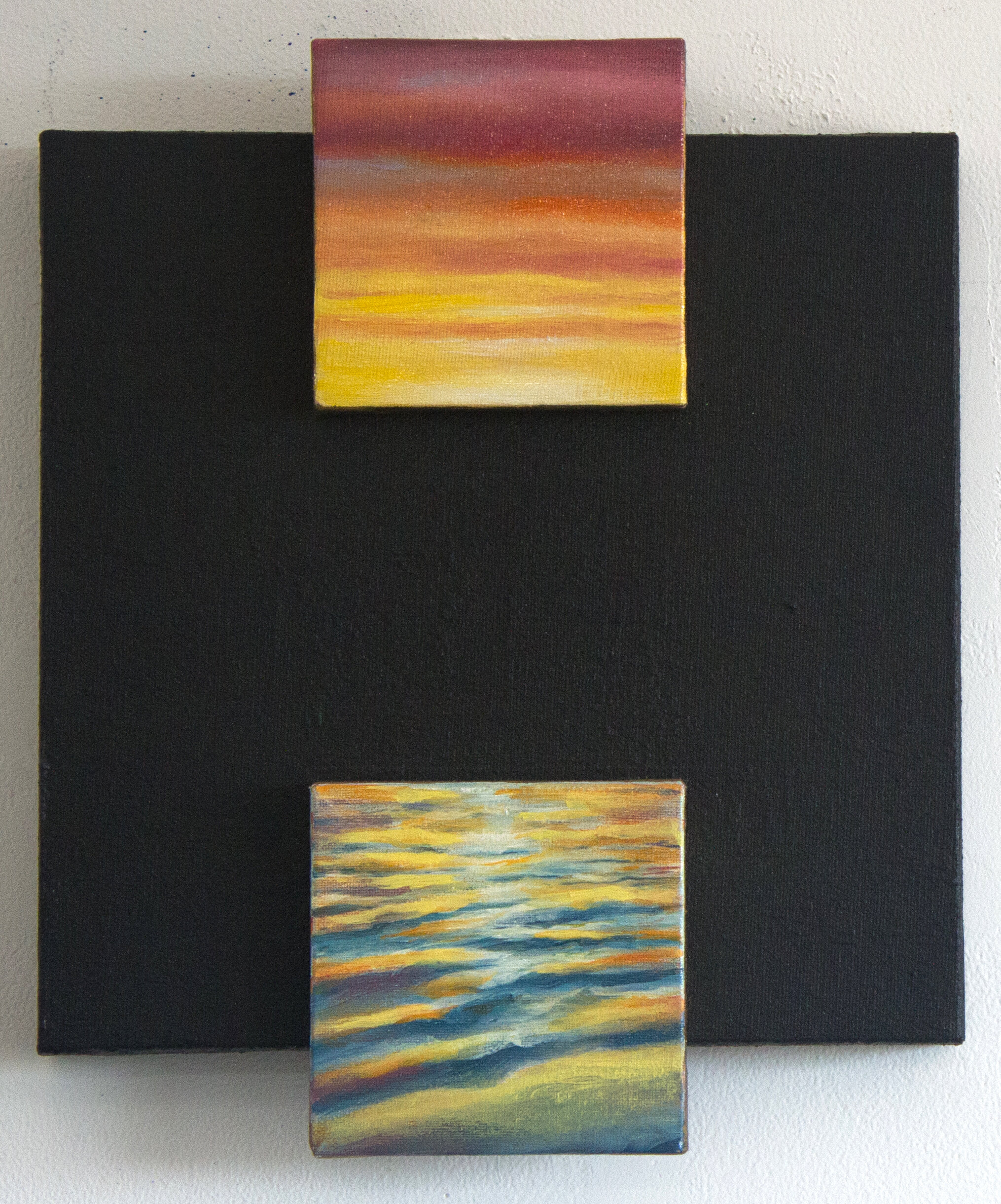 "Sunset and Reflection," Oil, Acrylic and Gold Leaf on Canvas, 12" x 10"