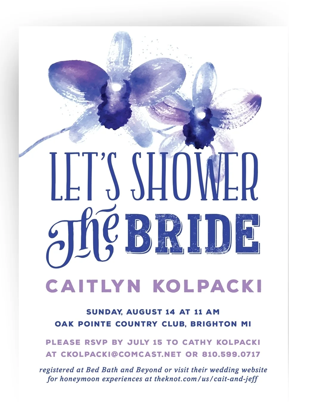 Watercolor orchids bridal shower invitation printed on double thick ultra white paper.