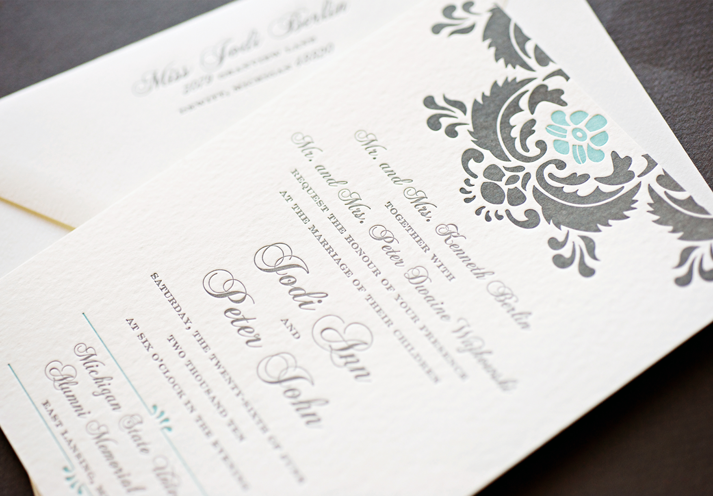 Modern damask letterpress invitation printed in charcoal and pool ink on Canaletto Grana Grossa paper.