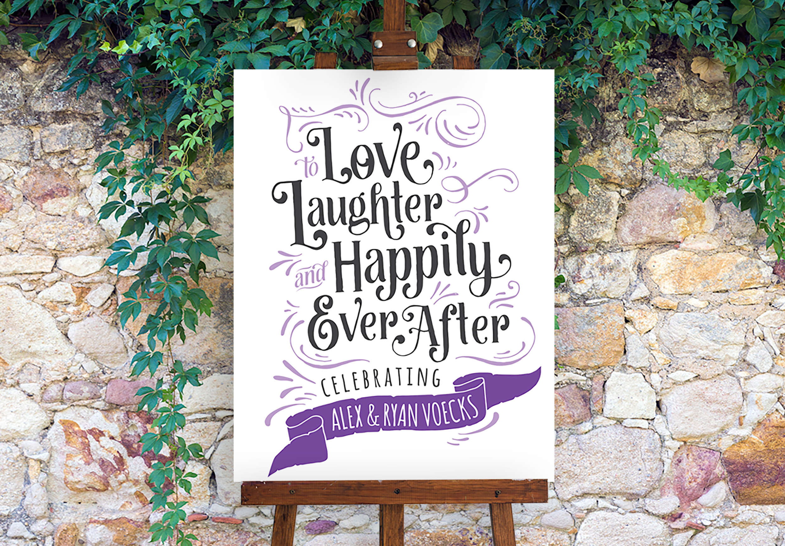 Happily ever after party sign printed in lilac and black ink.