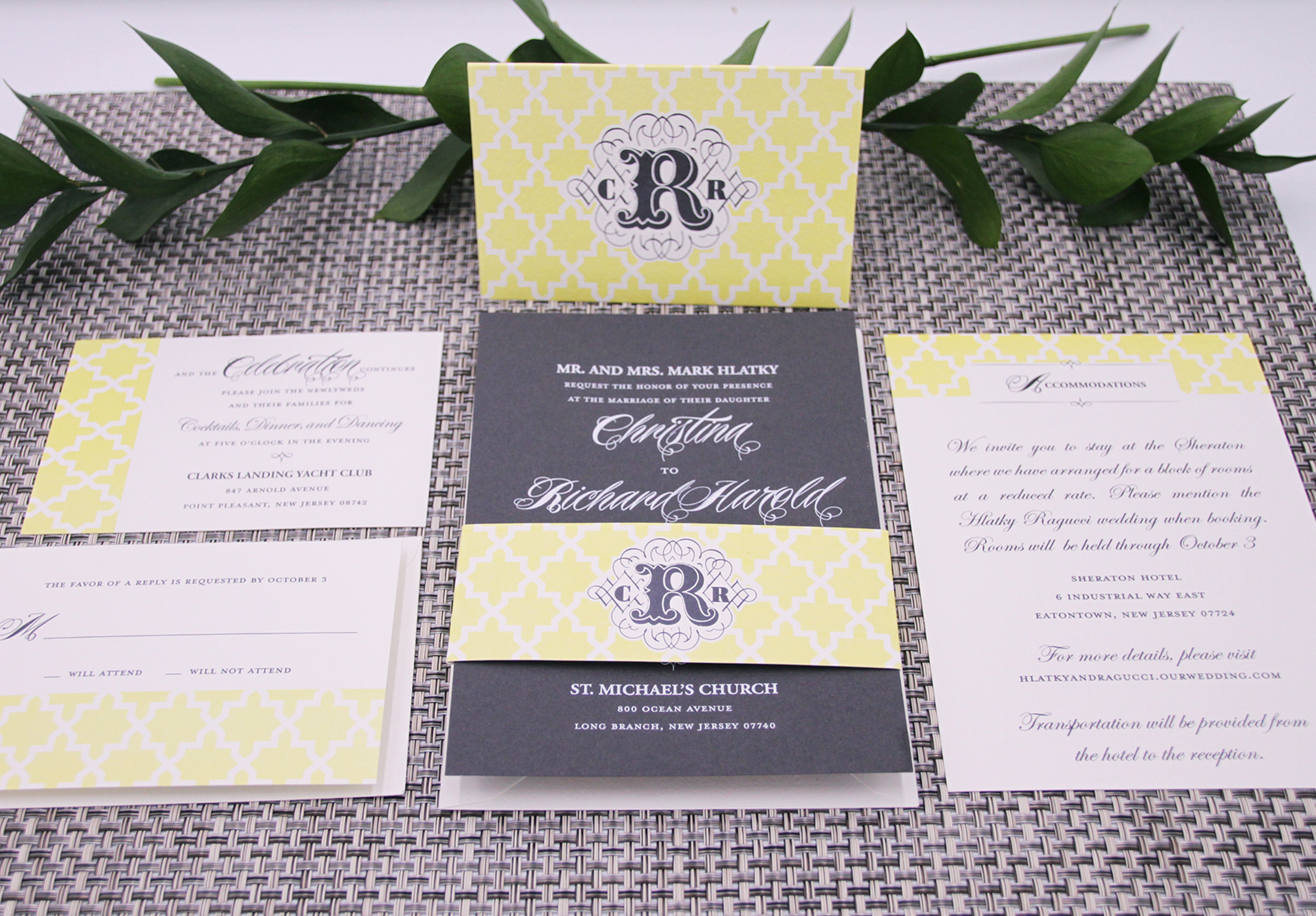 Engraved wedding invitation with custom monogrammed bellyband.