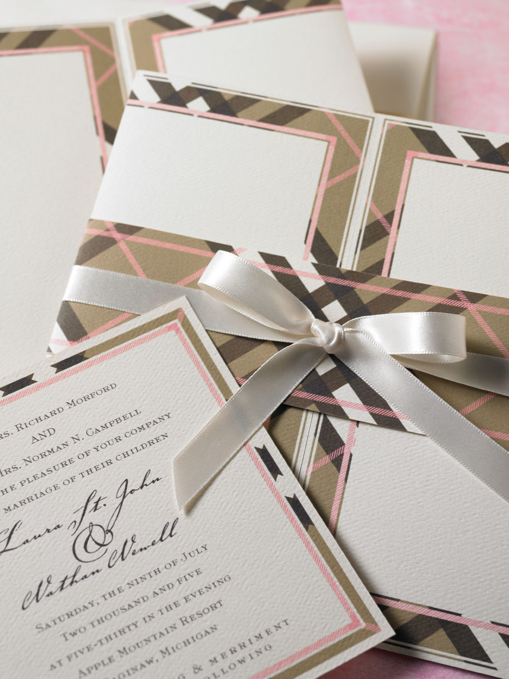 Chocolate brown and soft pink nova plaid wedding invitation, jacket and bellyband. Flat printed on soft white felt weave paper. 