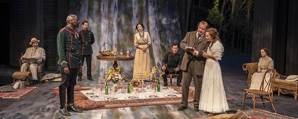 The cast of Three Sisters, gathered in Act I for Irina's name-day party. 