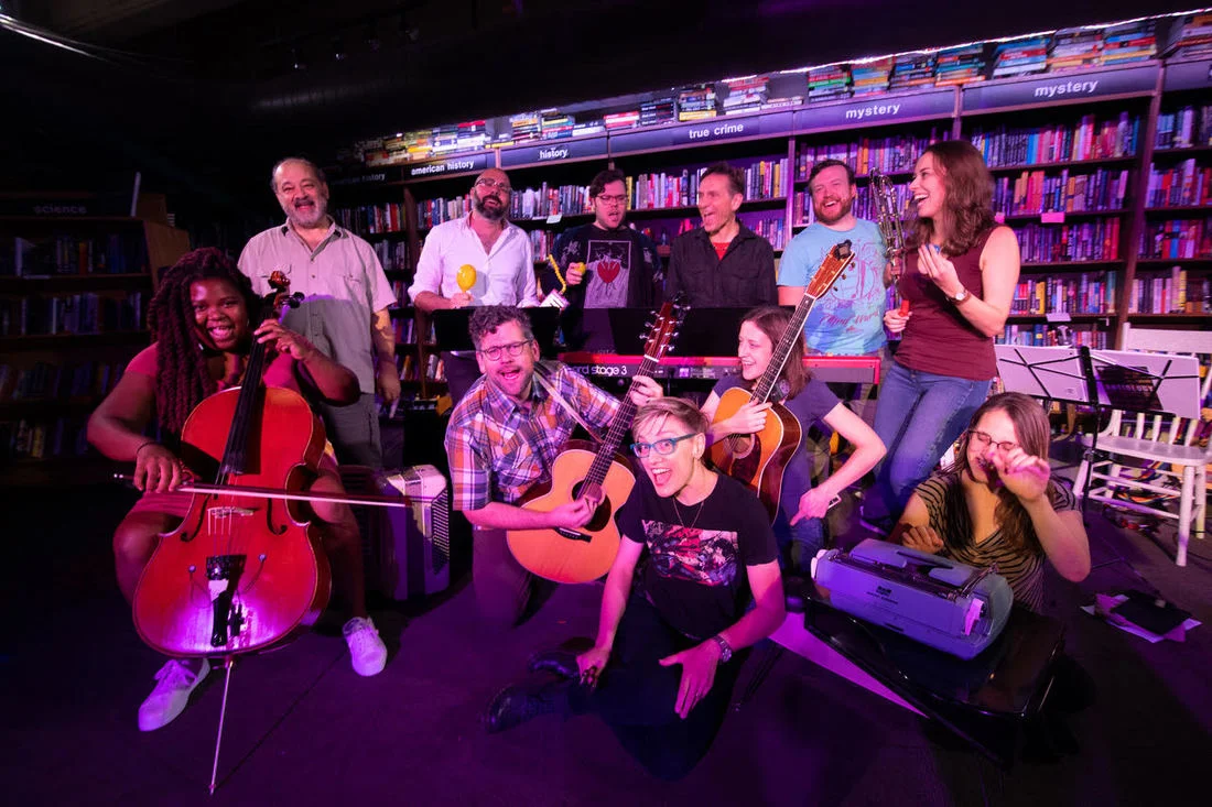 The ANTIOLOGY Operatic Jam Band! Pictured: (Back Row) Jim Padovano, John Glover, Danny Brylow, Jack Forbes Wilson, Joe Riggenbach, Eva Nimmer (Front Row) Monique Ross, Andrew Wilkowske, Jill Anna Ponasik, Kat Wodtke, Kelley Rourke. Photo by Mark Frohna.