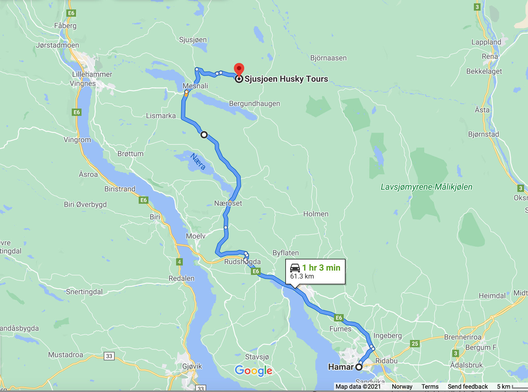 This is the route that you should follow from direction Oslo. Follow E6 until Rudshøgda then pass Næroset, Åsmarka, Mesnali and take off Sjusjøvegen when you see signs for Sjusjøen Skisenter. After that you may find us on gps as well as follow signs to Sjusjøen Husky Tours.