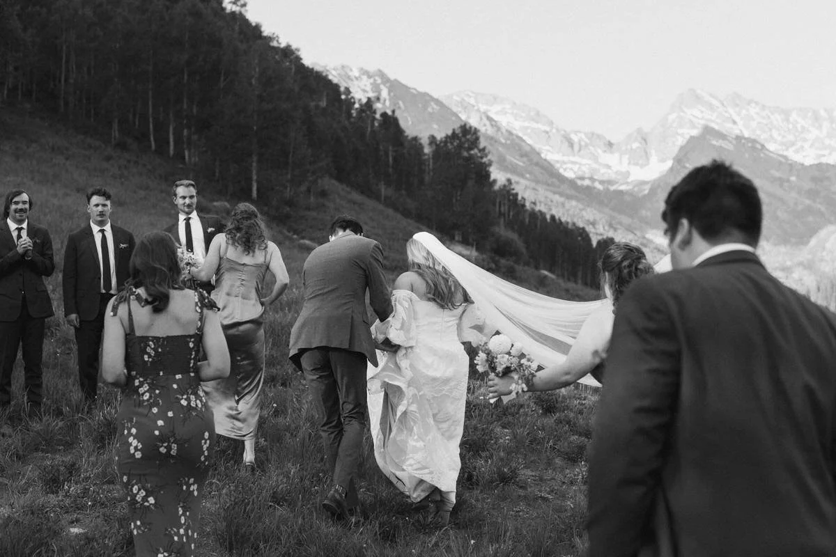 Wedding party in a mountain meadow