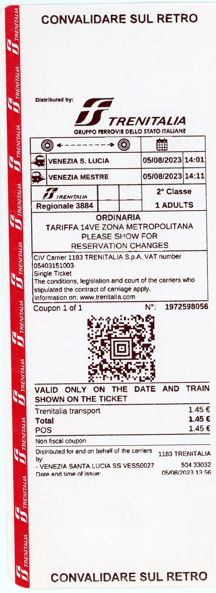 Train ticket from Venezia S. Lucia to Venezia Mestre on August 5, 2023, at 14:01, issued by Trenitalia, with a QR code at the bottom.