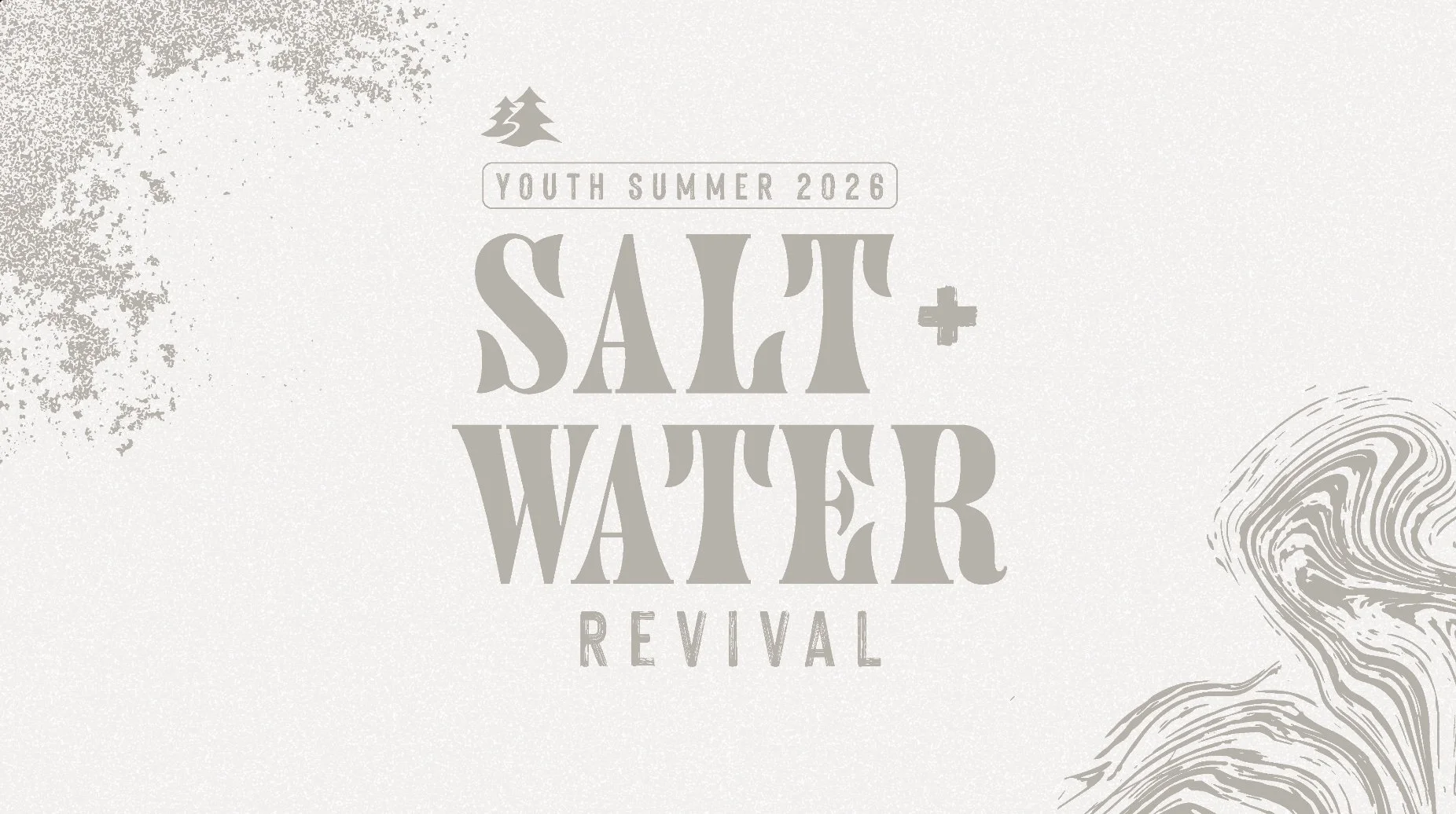 Text overlay on a light textured background reads 'Youth Summer 2026 Say + Water Revival' with some abstract graphic elements and pine tree icons.