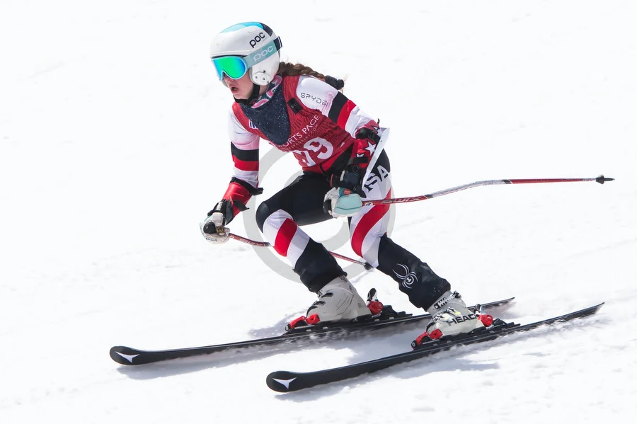  Racers of the U16 portion of Team USA take their second run down the slalom course at Gore Mountain during the last day of the 2019 U16 East Finals in North Creek, N.Y., on Monday, Mar. 18, 2019.  