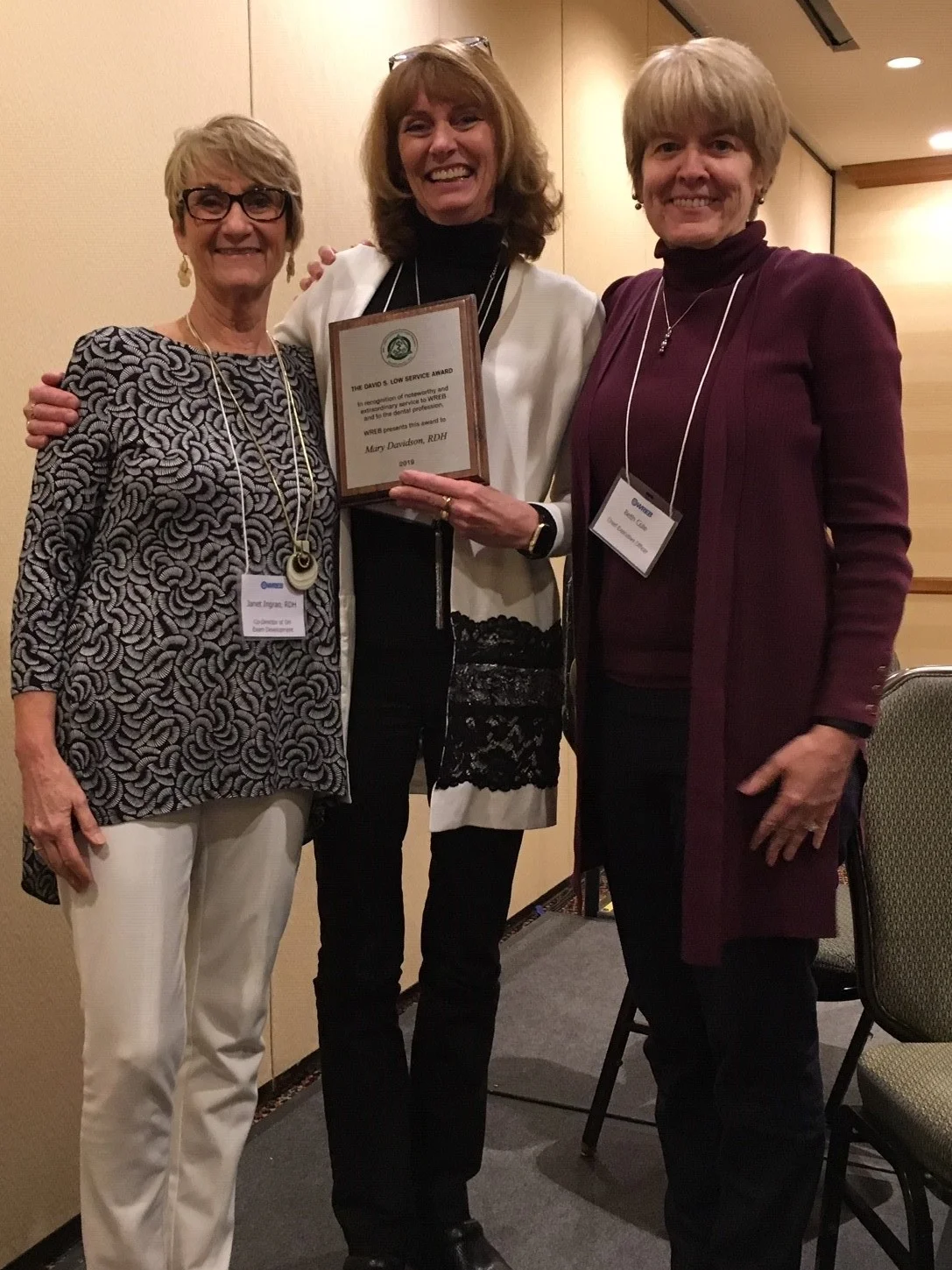 Mary Davidson, MPH, RDH, EPP recognized by Western Regional Examining Board for outstanding service to the dental examining community.
