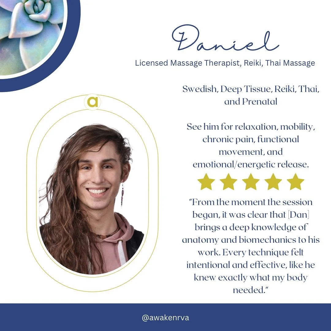 Dan&rsquo;s deep understanding of how our bodies function every day means a stellar therapeutic massage for you!