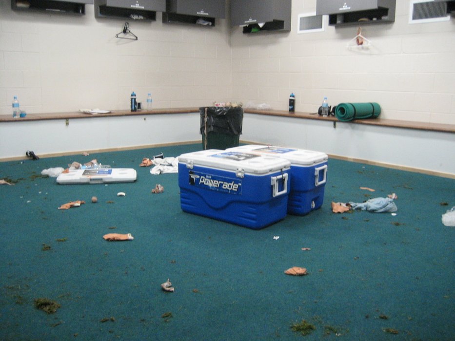 Penrith Panthers change room post-match, CUA stadium, May 2008. Photograph Abigail Moncrieff.