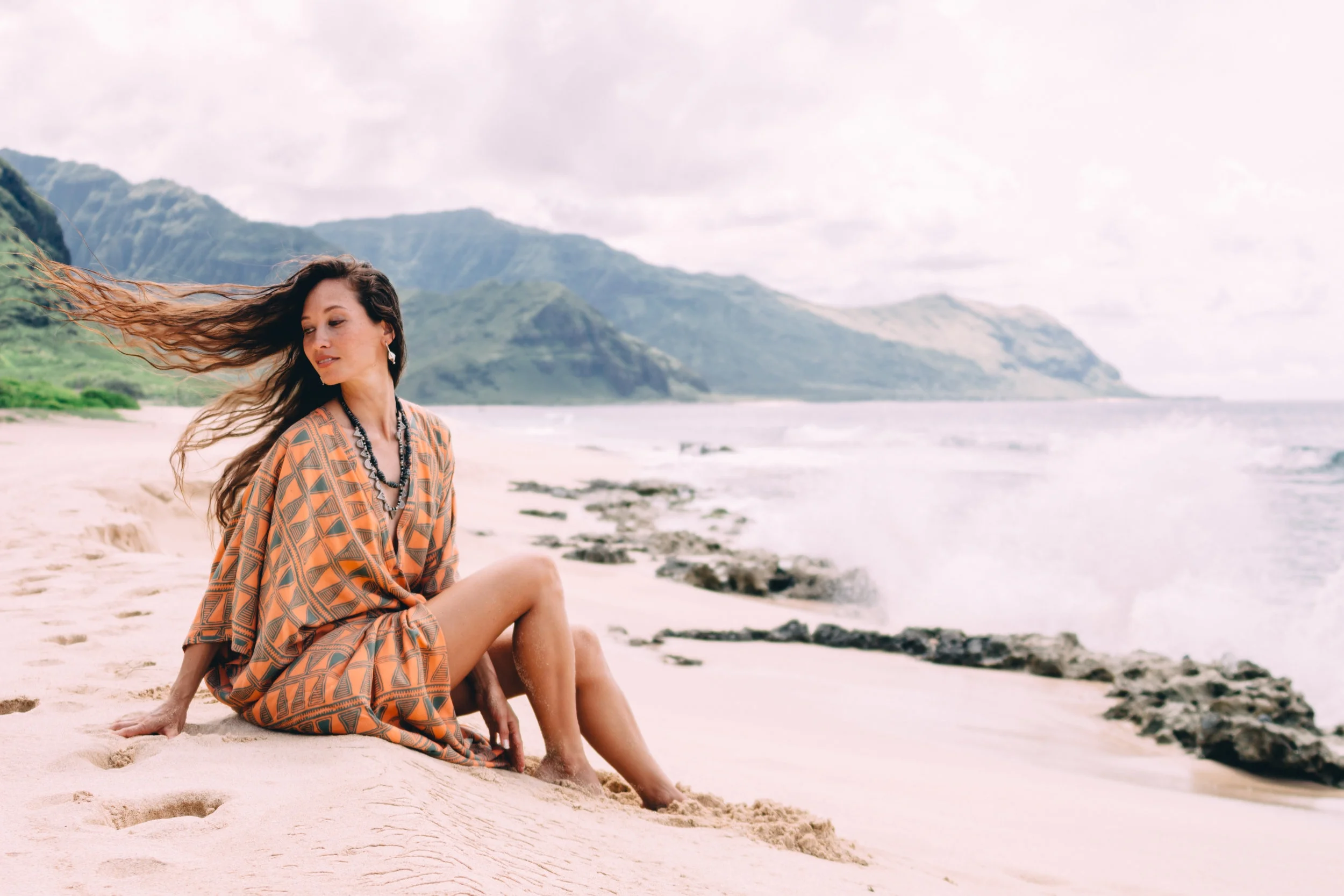 The Rajah is our take on the classic caftan style. Made of lightweight natural fiber Rayon, this is the ultimate elegant yet comfortable style for all ages and body types. Loose fitting, lightweight and beautiful. Plunging V neck and front slit that can be tied to create a dramatic draping effect. Sizes S-L. $159.00