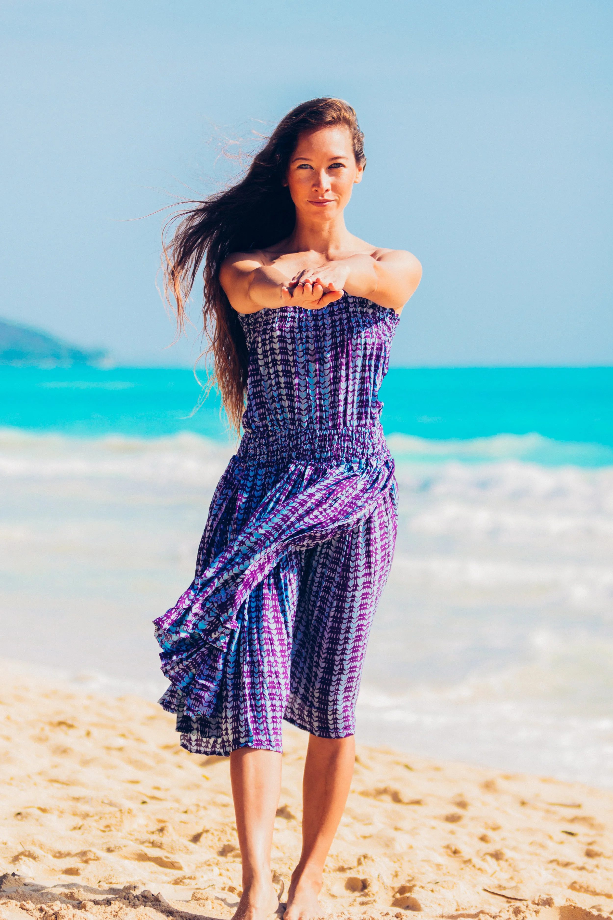 The Hula Dress is an easy and effortless way to put on a dress and walk out the door. The lightweight rayon voile dress features an elasticated waist and tube top with breezy fly away panels. This dress is popular with hula halaus and can be special ordered for larger quantities. $159.00