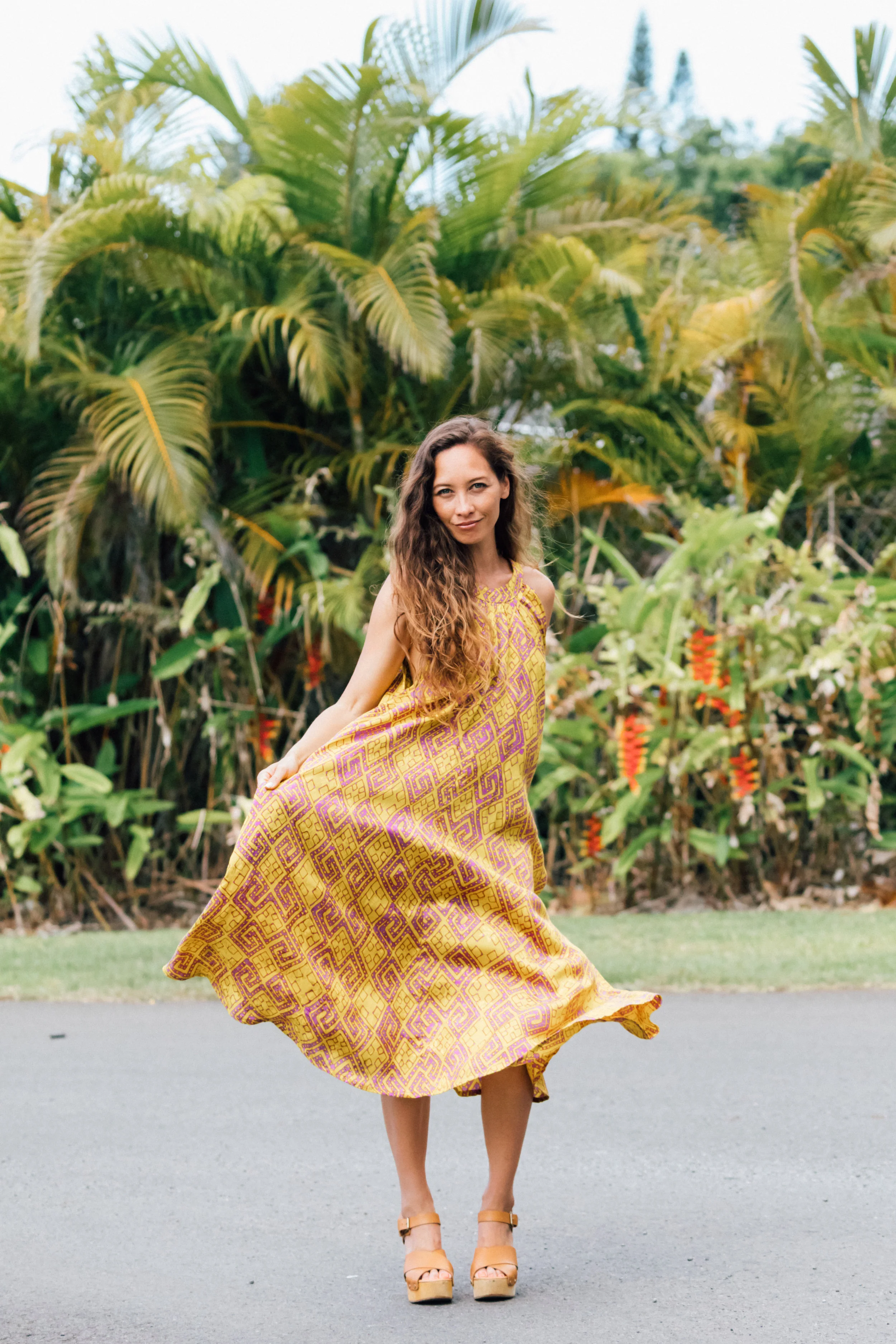 The Fly Baby Ginger dress is a comfortable island style dress with two side seam pockets and can be worn front or back for different neckline styles. Sizes S-L. $169.00. Also available in rayon $159.00.