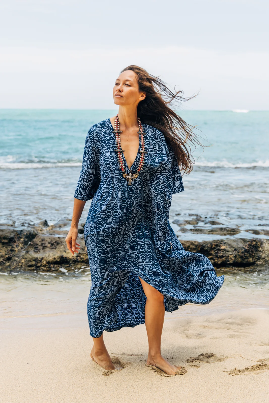 The Rajah is our take on the classic caftan style. Made of lightweight natural fiber Rayon, this is the ultimate elegant yet comfortable style for all ages and body types. Loose fitting, lightweight and beautiful. Plunging V neck and front slit that can be tied to create a dramatic draping effect. Sizes S-L. $159.00