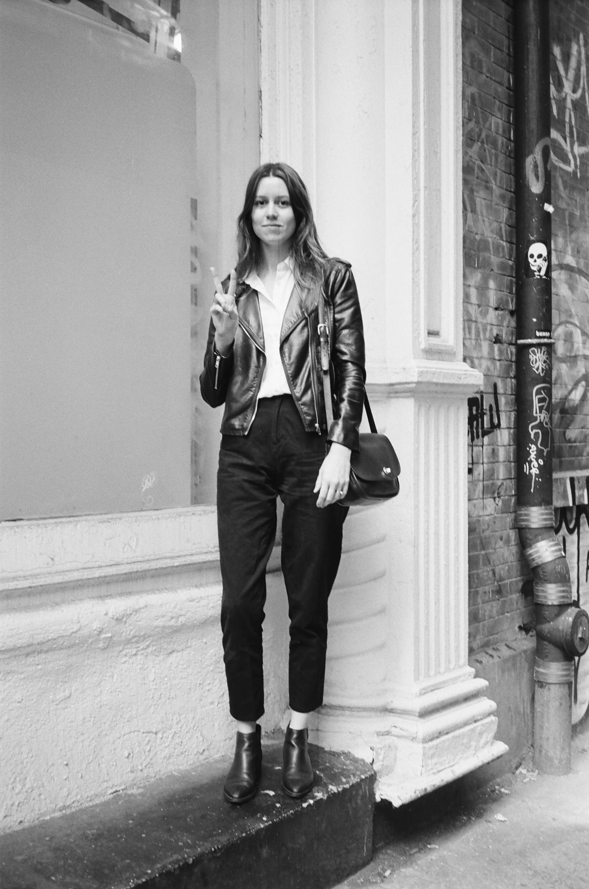 jacket: h&m, blouse: madewell, boots: urban outfitters, pants and bag: vintage, peace sign: idontknowwhattodowithmyhands.com