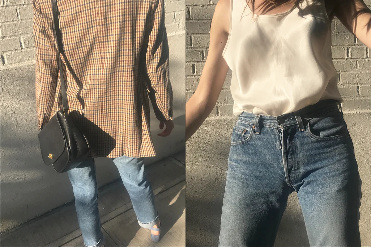 shoes by intentionally ________, jeans by levis, top, jacket, and purse thrifted, glasses from the frankie shop