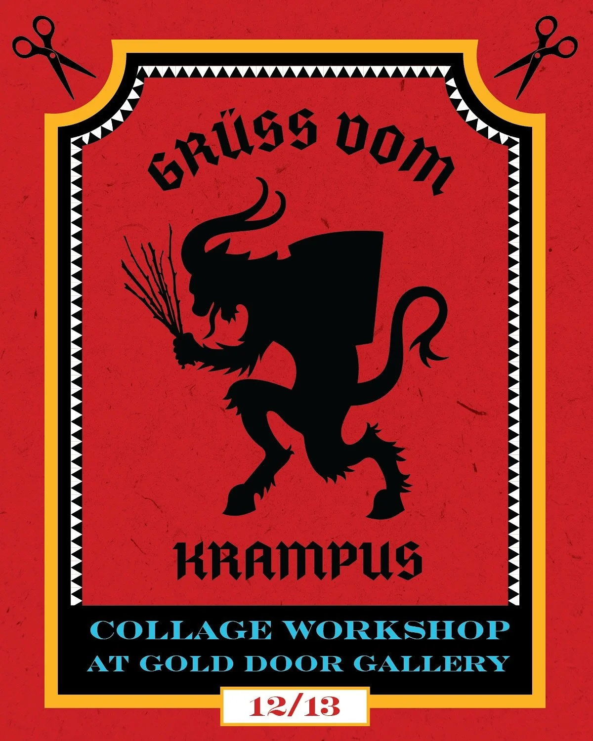 Unleash your inner mischief-maker 👹✂️✨ Create your own Krampus Collage during this hands-on workshop with local collage artist Deanna Black at Gold Door Gallery. Whether you&rsquo;re a seasoned artist or just love to craft, come cut, paste, and crea