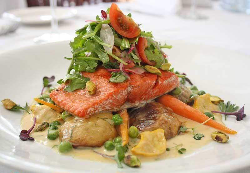   Grilled Wild BC Sockeye Salmon braised vegetables, arugula salad