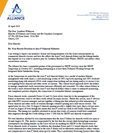 Letter from the BC Seafood Alliance re: 2019 Chinook Fishery Closures