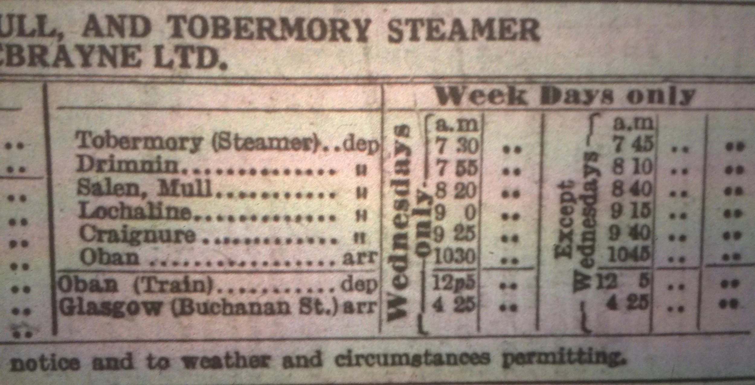 Oban steamer timetable, April 1952 (Tobermory to Oban)