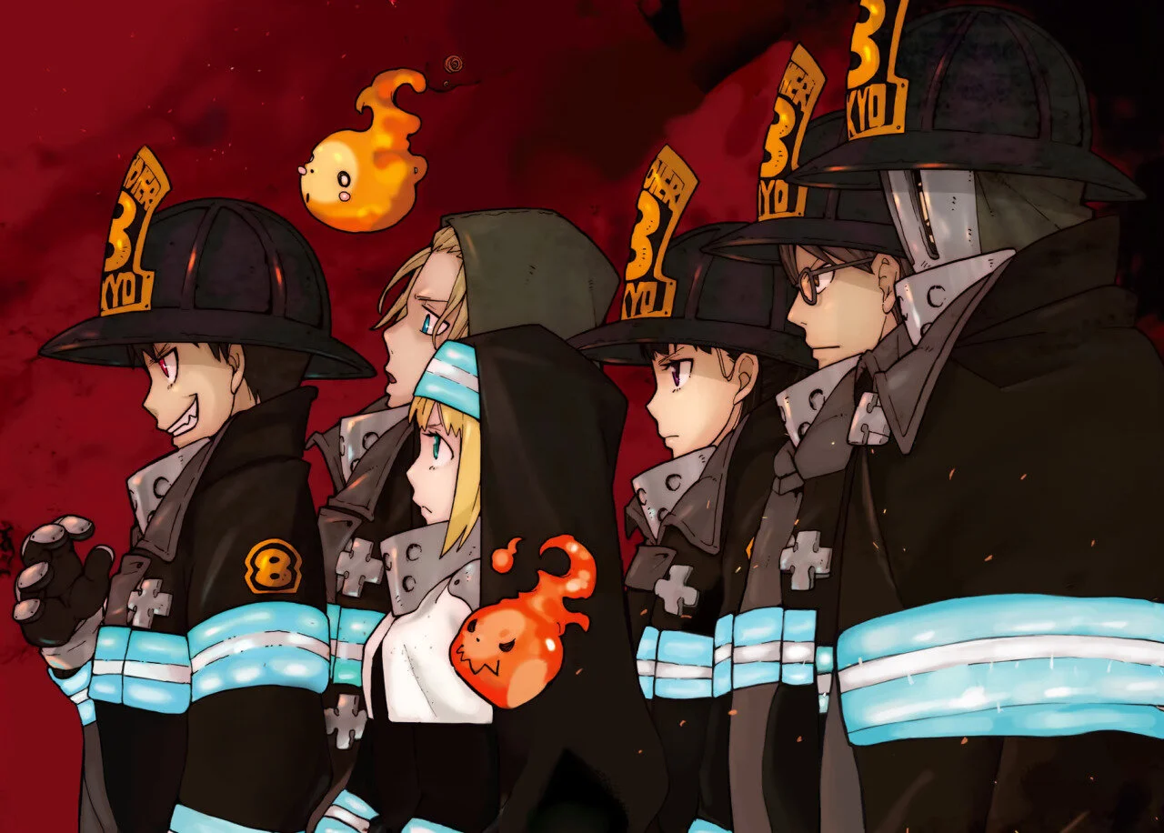 Fire Force (L to R): Shinra Kusakabe, Arthur Boyle, Iris, Maki Oze, Takehisa Hinawa, Akitaru Obi