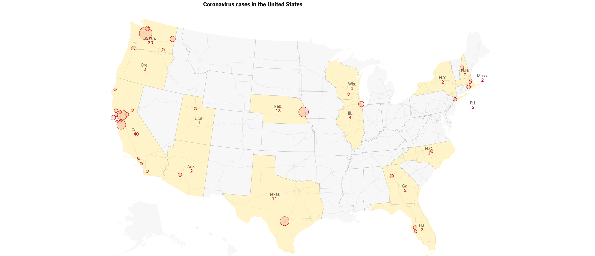 Map from the New York Times Coronavirus Watch ‘3/3/2020’