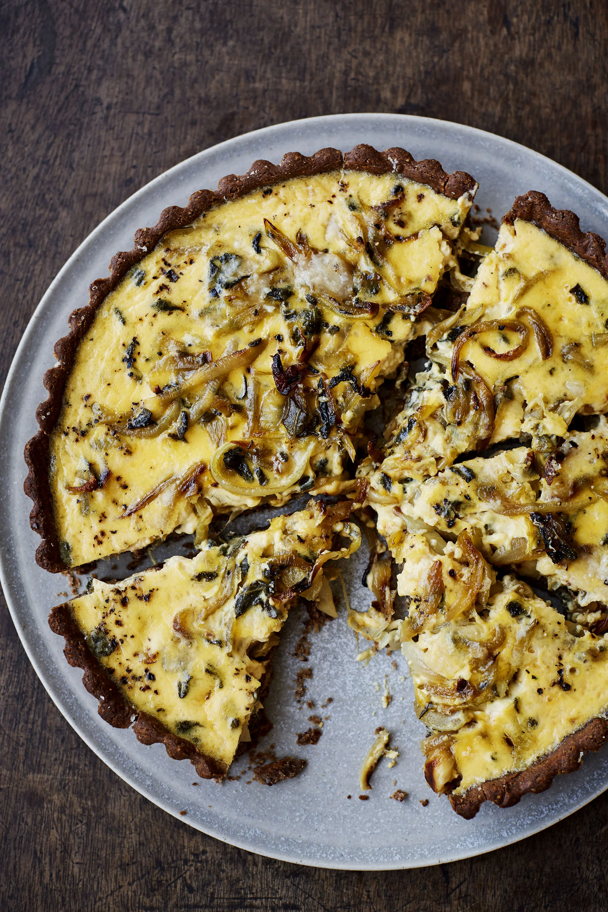 sage & onion quiche with a chestnut crust caramelised onions and chestnut flour pair beautifully in this creamy quiche with a gluten free crust. Photo © Laura Edwards