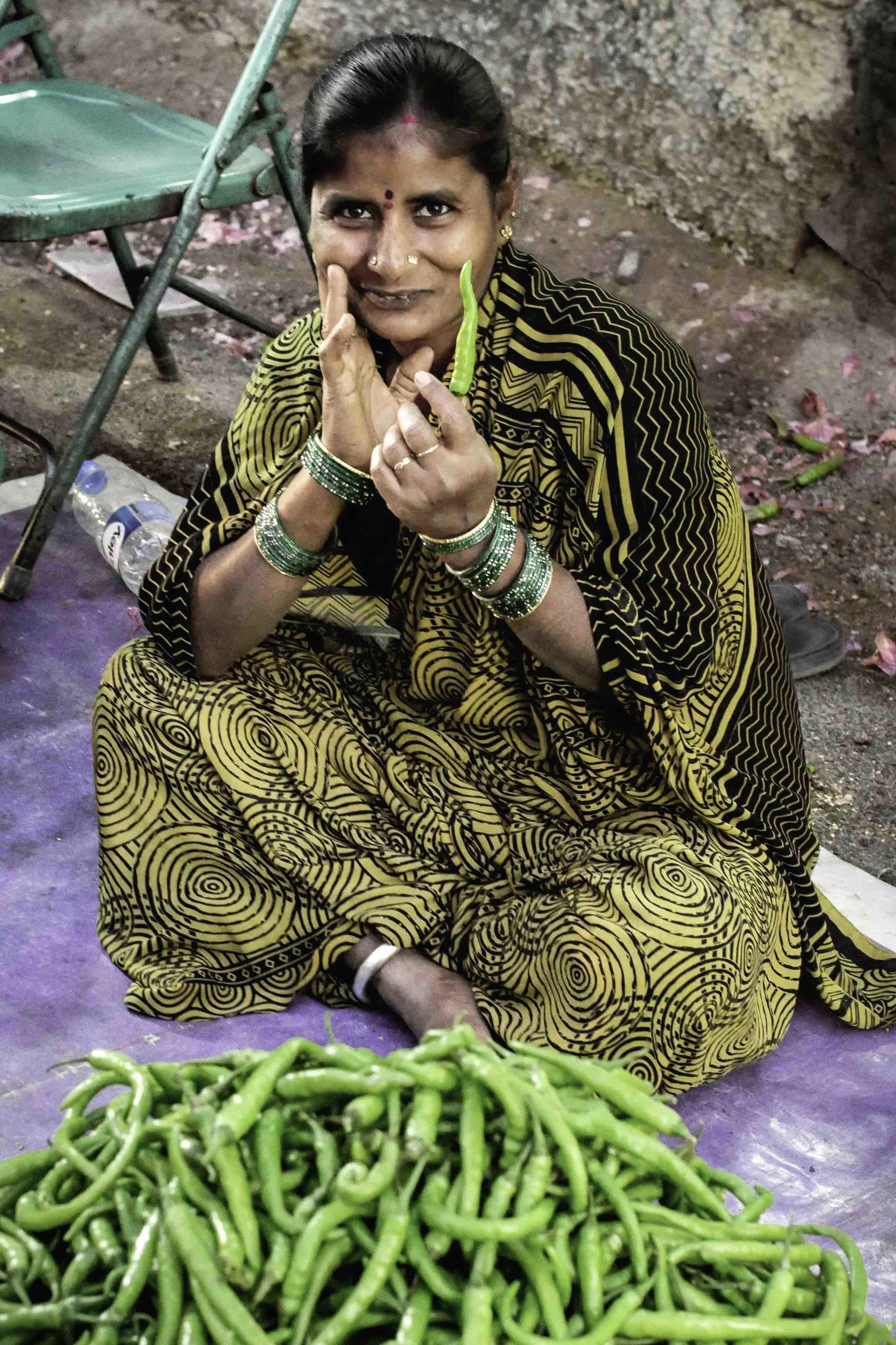  HARI MIRCHI WAALI (Green Chilli Seller) at Thursday Market.  Hi-Tension Road, Miyapur, Hyderabad&nbsp; | February 2016. 