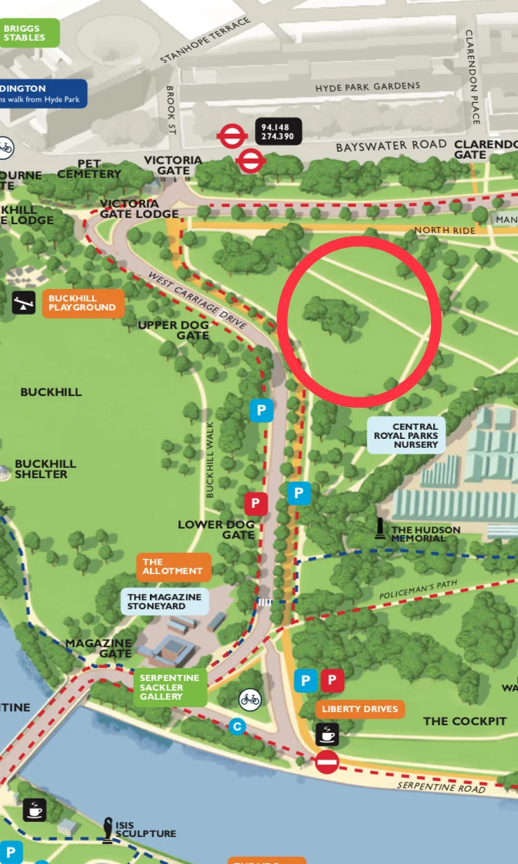 Directions :enter Hyde Park from Victoria Gate, Bayswater Road junction with West Carriage Drive , walk/drive along West Carriage Drive and once you approach Upper Dog Gate on your right enter into the green space to your left (circled Red in map above.) Cars can be parked on West Carriage Drive near Lower Dog Gate.