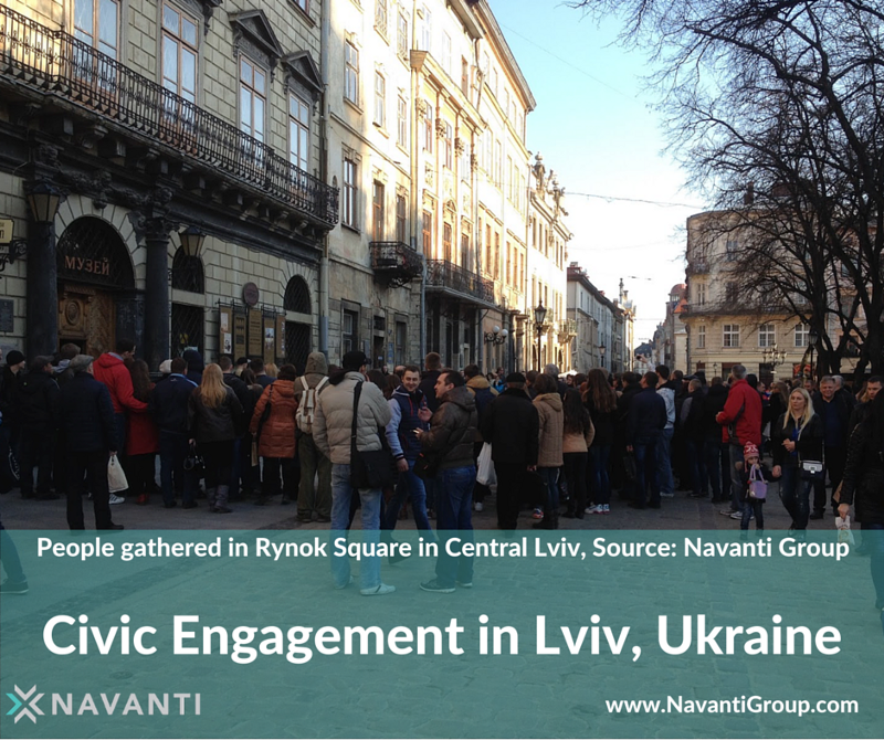 People Gathered in Rynok Square in Central Lviv