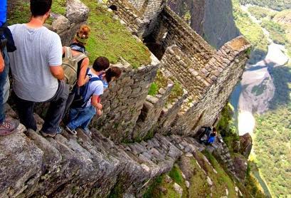 These are the famous Stairs of Death. After the historical tour of Machu Picchu&rsquo;s citadel, you have the option to go a step further out of your comfort zone to Huayna Picchu. This is an additional extra and you should ask your XP agent about it